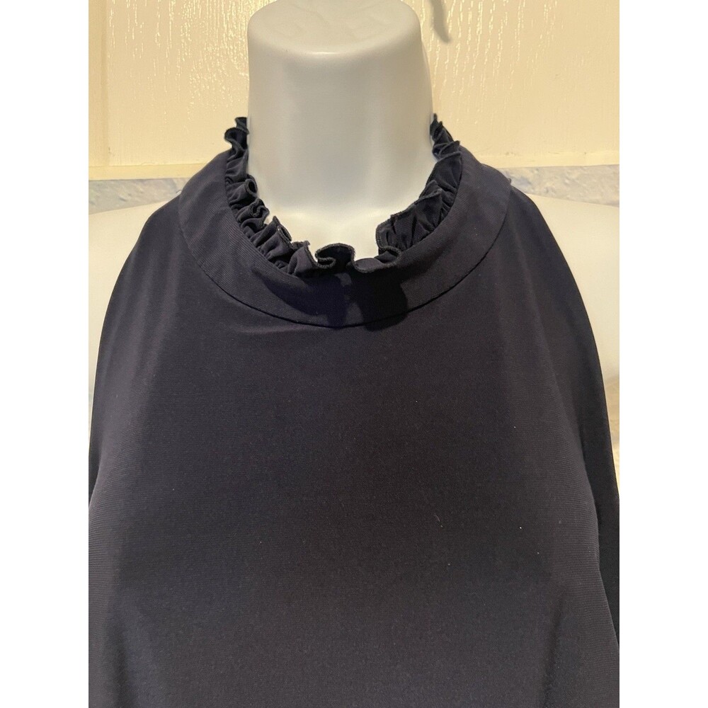 VINCE CAMUTO SLEEVELESS HALTER RUFFLE NECK NAVY BLUE BELTED JUMPSUIT 16W - Picture 4 of 8